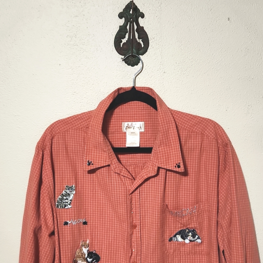 Vintage Bobbie Brooks Orange Gingham Cat Lady Button Up Shirt 26W/28W - Picture 2 of 16